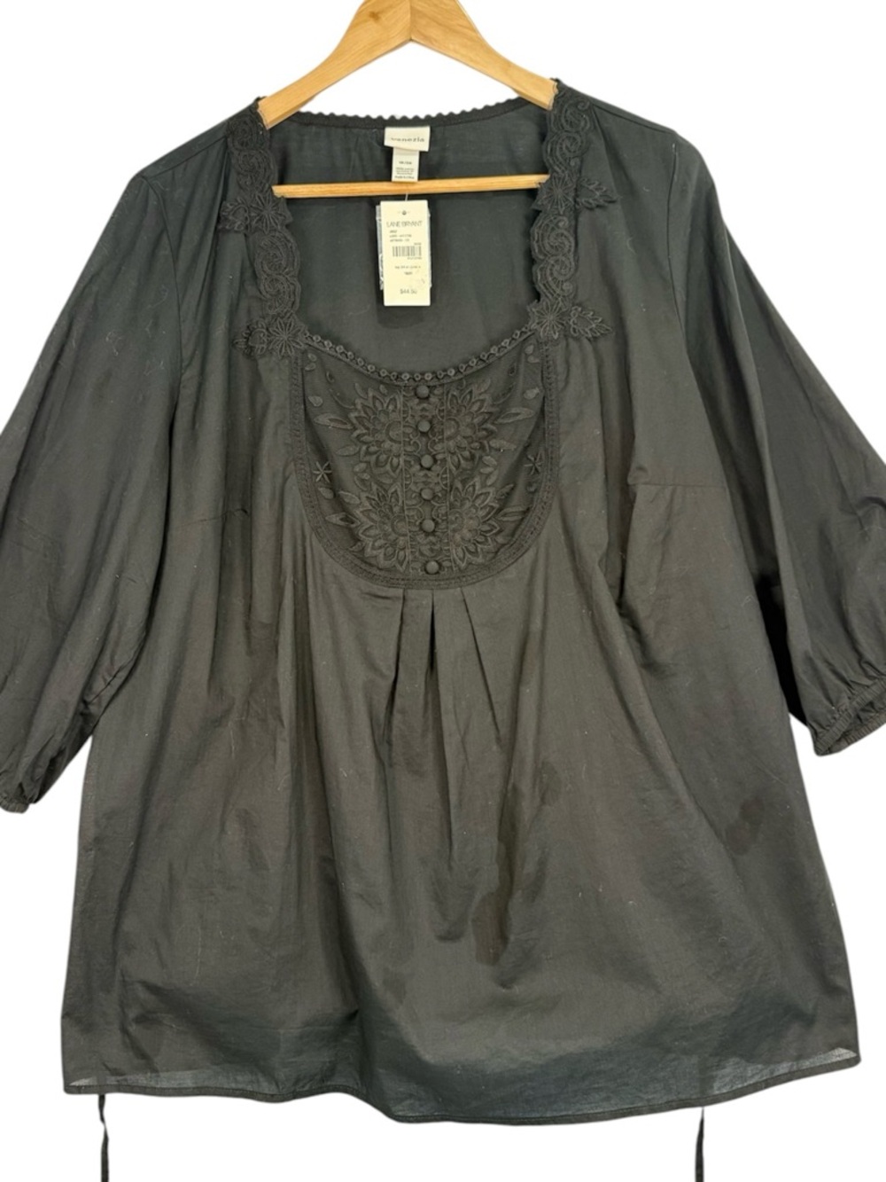 NWT Venezia Plus Size Cotton Peasant Blouse Top 1X Embroidered Black Lace 18/20